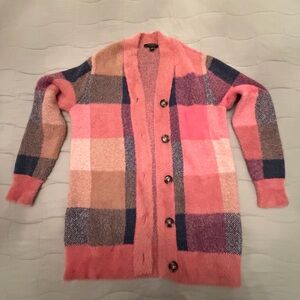 Ann Taylor Pink Plaid Button Cardigan